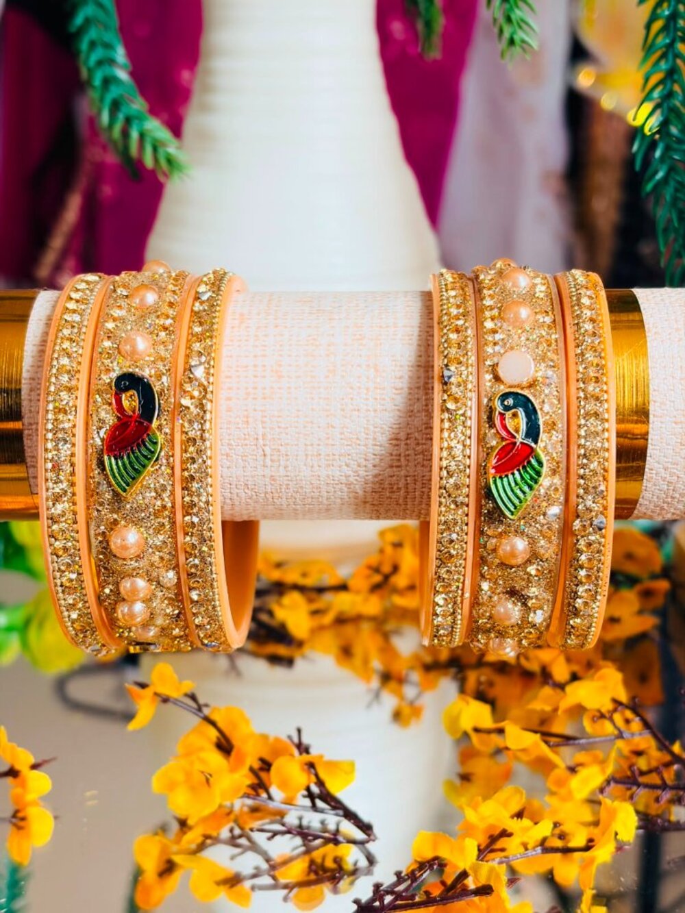Women's Traditional Enamel Peacock Bangle Bracelet Set, Gold-Tone Faux Pearl Acr